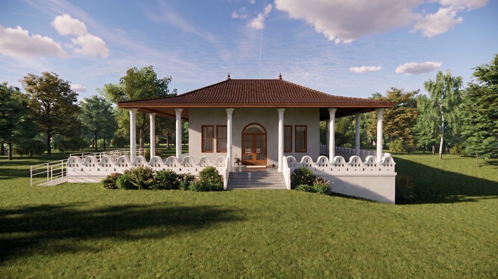 Front view of Georgia Buddhist Vihara with white colonnade and clay-tile roof