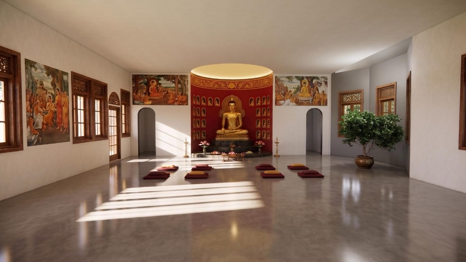 Meditation hall with gilded seated Buddha and murals